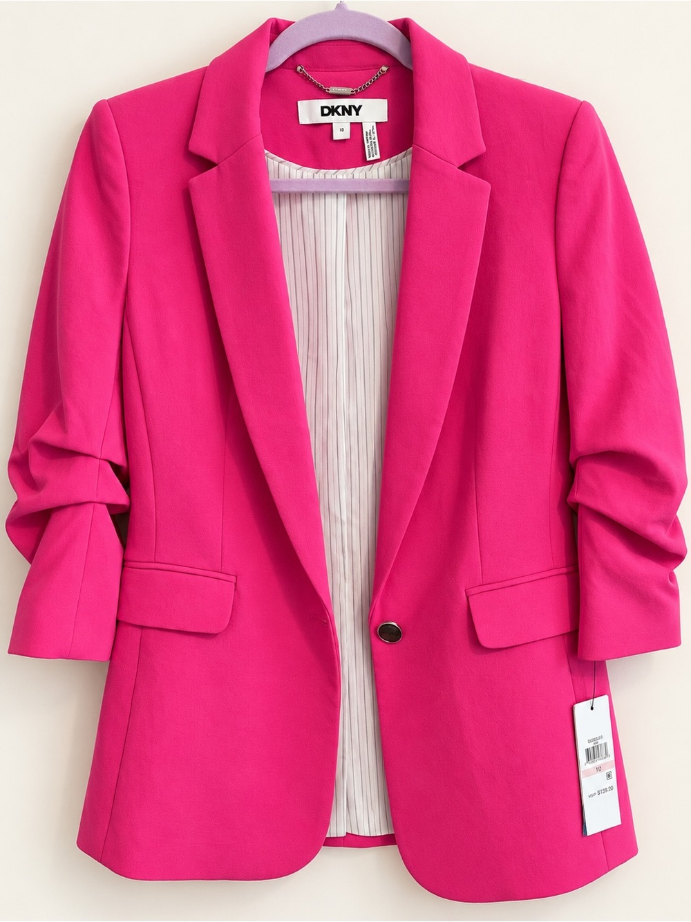 NWT DKNY Hot Pink Ruched Sleeve Blazer Size 10